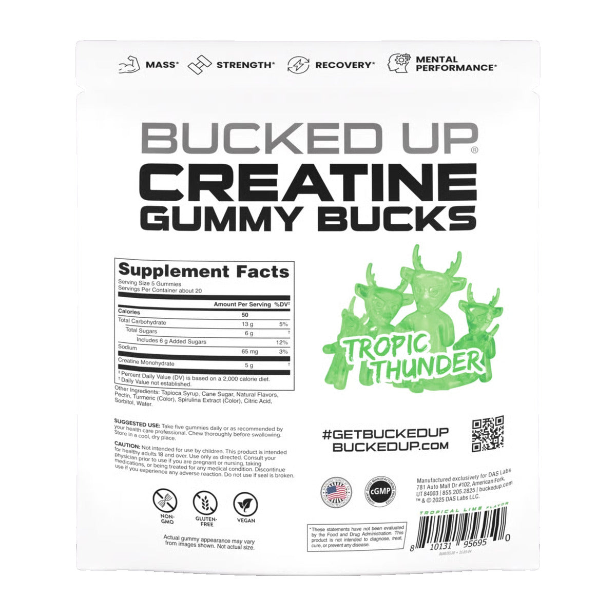 Bucked Up Creatine Gummy Bucks Pouch - Tropic Thunder (back)