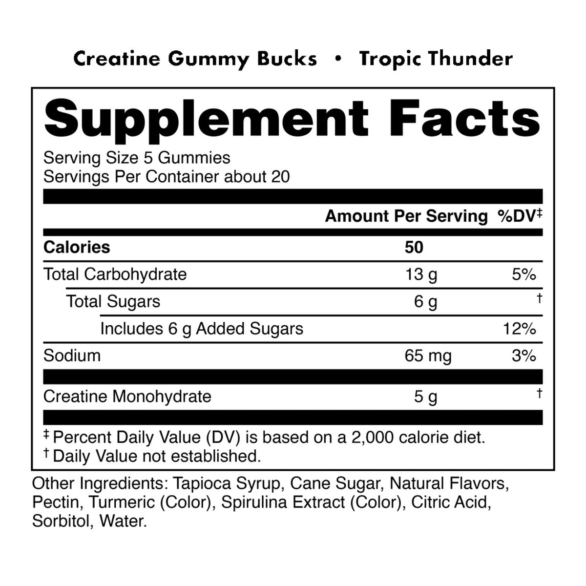 Bucked Up Creatine Gummy Bucks Pouch Supplement Facts - Tropic Thunder