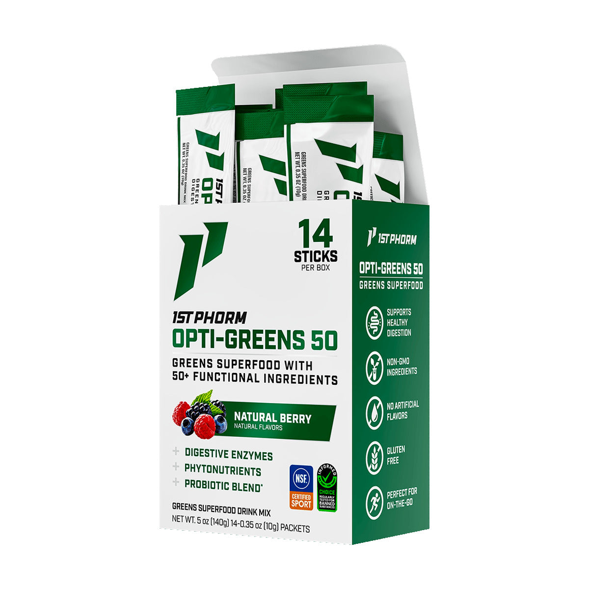 1st Phorm Opti-Greens 50 Natural Berry, box of 14 stick packs